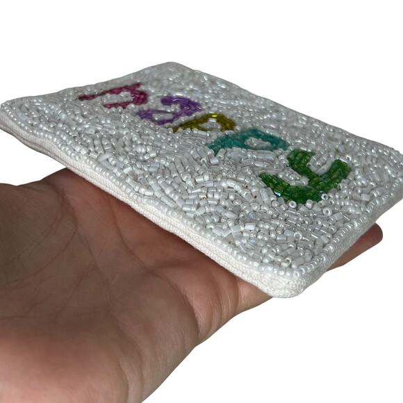 Shirdee Beaded "Happy" White Rainbow Cloth Back Zip Card Pouch Coin Purse - Picture 5 of 7